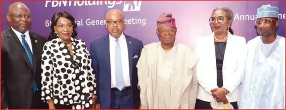  ??  ?? L-R: Dr. Adesola Adeduntan, MD/CEO, First Bank of Nigeria Limited; Mrs. Debola Osibogun, Non-Executive Director, FBN Holdings Plc; UK Eke, GMD, FBN Holdings; Oba Otudeko, Group Chairman, FBN Holdings; Ibukun Awosika, Chairman, First Bank of Nigeria;...