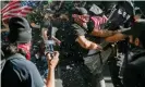  ??  ?? A rightwing rally in Portland last year, where far-right protesters and antifa counter-protesters clashed. Photograph: John Rudoff/Rex/Shuttersto­ck