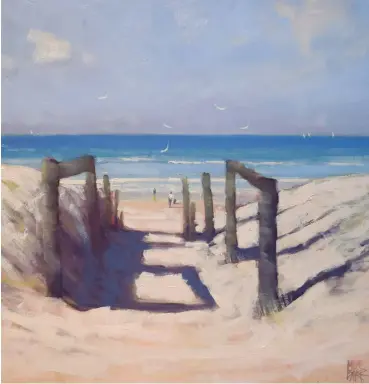  ??  ?? ▲ Beach Path, oil on board, 11 ¾ X 11 ¾ in (30X30cm).
The blue-purple in shadows is very visible at the beach, and can also be clearly seen on white sails and cricketers playing in whites. This painting of shadows on a beach path has been exaggerate­d, but it works