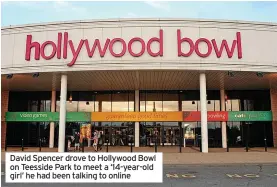  ?? ?? David Spencer drove to Hollywood Bowl on Teesside Park to meet a ‘14-year-old girl’ he had been talking to online