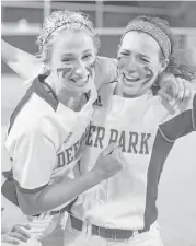  ?? Juan DeLeon ?? An elated Maddie Nelson, left, and Erin Edmoundson provided the pitching muscle in Deer Park’s ouster of Kingwood from the playoffs.