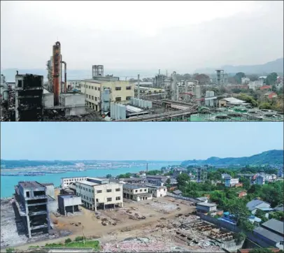  ?? PHOTOS PROVIDED TO CHINA DAILY ?? Top: The Tiantian Chemical Plant in Yichang, Hubei province, in January. The facility is pictured after it was closed in response to a plan formulated by the local government to regulate chemical plants along the Yangtze River. Above: The remnants of...