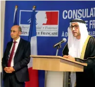  ??  ?? Sheikh Fahim bin Sultan Al Qasimi speaks during the French National Day celebratio­ns on the Flag Island in Sharjah.