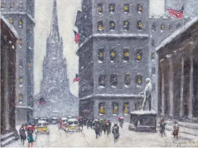 ??  ?? Guy Carleton Wiggins (1883-1962), Wall Street Winter. Oil on board, 12 x 16 in., signed; signed and titled verso. Courtesy Rehs Galleries.