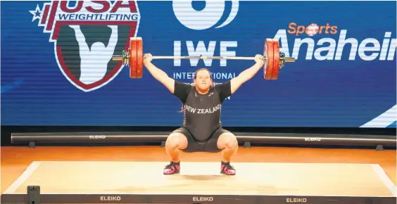  ?? Picture / IWF ?? Transgende­r athlete Laurel Hubbard grabs silver in the women’s 90kg-plus division in Anaheim, California.