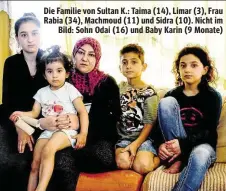  ??  ?? Die Familie von Sultan K.: Taima (14), Limar (3), Frau Rabia (34), Machmoud (11) und Sidra (10). Nicht im
Bild: Sohn Odai (16) und Baby Karin (9 Monate)