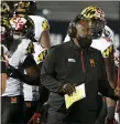  ?? BARRY REEGER — THE ASSOCIATED PRESS ?? Maryland head coach Mike Locksley, center, talks with his players during a timeout late in the fourth quarter of an NCAA college football game in State College,
Pa., Nov. 7.