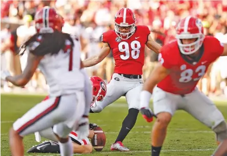  ?? THE ASSOCIATED PRESS ?? Georgia redshirt sophomore kicker Rodrigo Blankenshi­p improved to 11-of-12 on field-goal attempts last Saturday by making a 20-yarder in the 24-10 win over South Carolina.