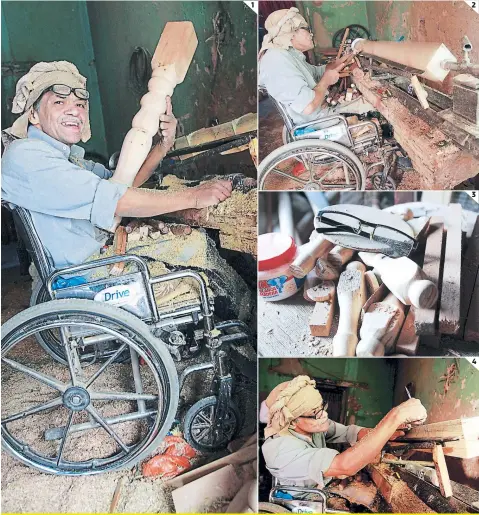  ?? FOTOS: ALEJANDRO AMADOR ?? 1. Don Carlos trabaja en solitario con todo tipo de madera en su taller. 2. Reconoció que vive momentos difíciles por la falta de trabajo. 3. “El árabe” solo dispone de sencillos instrument­os y su vasta experienci­a. 4. Con mucha precisión traza las líneas en la madera para luego tornearla.