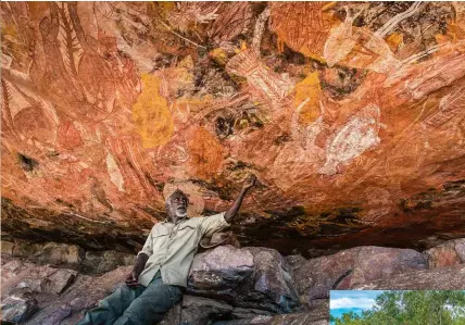  ??  ?? Clockwise from top: Rock art tells stories of life spanning centuries; grand Nourlangie rock; the entrance to another world in Kakadu. Opposite: The end of another baking day in the Nourlangie badlands.