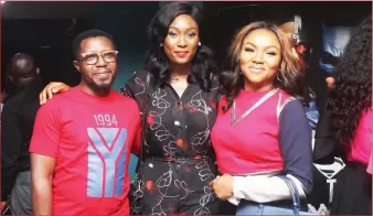  ??  ?? Ayo Stuffman, Lota Chukwu and Teni Stuffman at premiere of The Kinsman