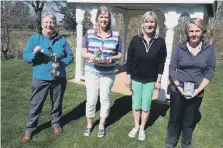  ??  ?? Ruth Leatherbar­row – winner of the Hazel Hooker 3 clubs and a putter, Irene Matheson – winner of the Spring Meeting, Jan Brice – Lady Captain, and Heather Skinner – winner of the Easter Greensomes
