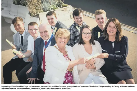  ??  ?? Deputy Mayor Coun Doris MacKnight and her consort, husband Keith, and Ellen Thinnesen, principal and chief executive of Sunderland College with Amy McCerery, with other recipients of awards, from left, Adam Gorelanczy­k, Chris Brown, Adam Clark, Thomas...