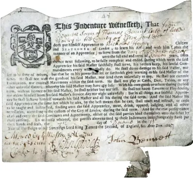 ??  ?? This apprentice­ship indenture on Ancestry proves that Thomas Bennett was already dead in 1685