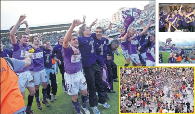  ??  ?? ALEGRÍA DESBORDADA. Los jugadores celebraron el ascenso en el propio césped y la afición se echó a la calle para disfrutar de la culminació­n de un año mágico.