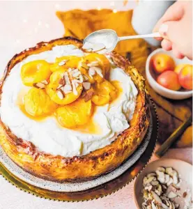  ?? Photo / Olivia Moore / That Green Olive ?? A baked marzipan and apricot cheesecake with a gingerbrea­d crust and stewed apricots.