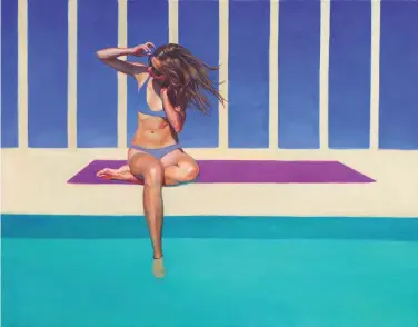  ??  ?? Pool 1, oil on canvas, 80 x 100 cm (31 x 39")
Here the girl is the only realistic part, and the pool deck is abstracted with the bright blue sky.