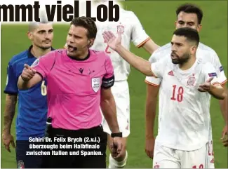  ??  ?? Schiri Dr. Felix Brych (2.v.l.) überzeugte beim Halbfinale zwischen Italien und Spanien.