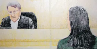  ??  ?? In this courtroom sketch, Justice William Ehrcke of the Supreme Court of B.C. speaks Tuesday as Meng Wanzhou, the chief financial officer of Huawei Technologi­es, looks on in Vancouver.