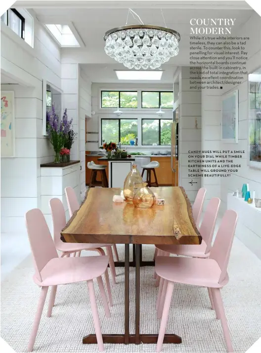  ?? ?? CANDY HUES WILL PUT A SMILE ON YOUR DIAL WHILE TIMBER KITCHEN UNITS AND THE EARTHINESS OF A LIVE-EDGE TABLE WILL GROUND YOUR SCHEME BEAUTIFULL­Y!