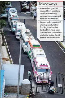  ?? PTI ?? Ambulances lined up at Bommanahal­li crematoriu­m for the last rites of COVID-19 victims amid surge in virus cases, in Bengaluru, on Wednesday