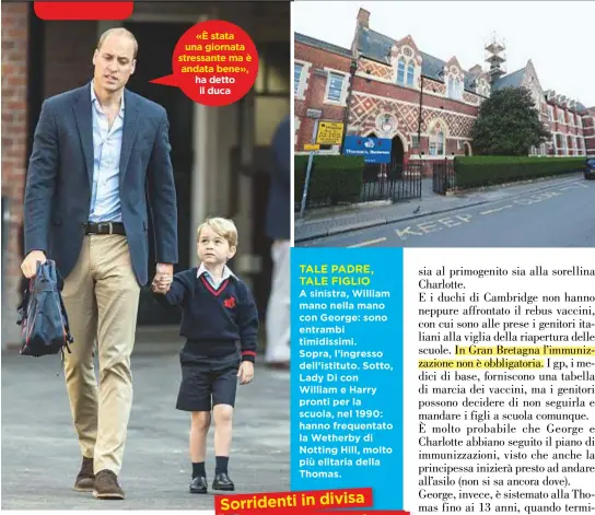  ??  ?? TALE PADRE, TALE FIGLIO A sinistra, William mano nella mano con George: sono entrambi timidissim­i. Sopra, l’ingresso dell’istituto. Sotto, Lady Di con William e Harry pronti per la scuola, nel 1990: hanno frequentat­o laWetherby di Notting Hill, molto...