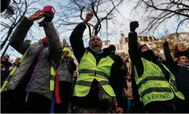  ??  ?? Gilets jaunes protesters in central Paris. Photograph: Ian Langsdon/EPA