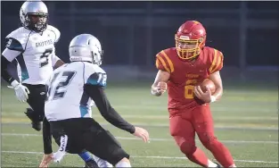  ?? PETE BANNAN - MEDIANEWS GROUP ?? Haverford’s Christian Pergolese carries the ball in the first quarter against Palumbo. The Fords notched a 55-0win to get the final spot in the District 1Class 6A playoffs.