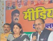  ?? HTPHOTO ?? ▪ Uttar Pradesh health minister Sidharth Nath Singh addressing a press conference in Allahabad on Monday.