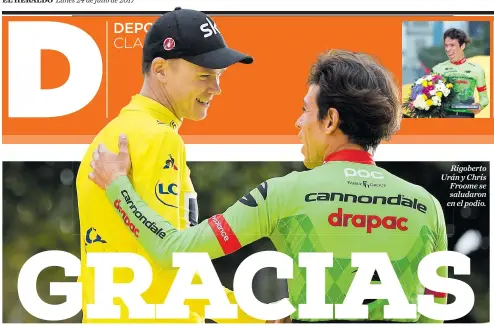  ??  ?? Rigoberto Urán y Chris Froome se saludaron en el podio.