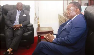  ??  ?? President Mnangagwa speaks to outgoing US Ambassador to Zimbabwe Harry Thomas Junior during a recent visit to his office