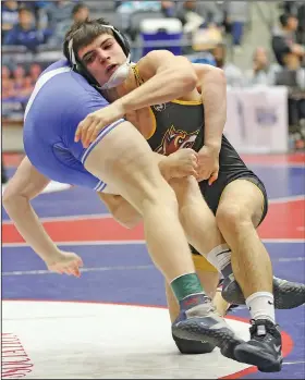  ?? Thomas Metthe/Arkansas Democrat-Gazette ?? On the mat: Lake Hamilton's Justin Crutchmer (right) wrestles Hot Springs Lakeside's Reuben Eye in the Class 5A, 152-pound championsh­ip during the 2020 State Wrestling Tournament on Saturday, Feb. 22, 2020, at the Jack Stephens Center in Little Rock.