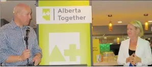  ?? NEWS PHOTO GILLIAN SLADE ?? Alberta Together executive director Katherine O'Neill and Alberta Party Leader Greg Clark talk to a Medicine Hat audience Wednesday evening about options for those looking for a more centrist approach to politics.