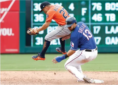  ?? Mike Stone/The Associated Press ?? ■ Houston Astros second baseman Jose Altuve (27) beats Texas Rangers' Joey Gallo (13) to second base for the out to end the eighth inning of a baseball game Sunday in Arlington, Texas.