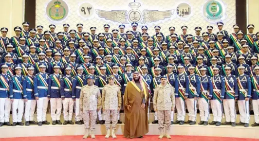  ??  ?? Crown Prince Mohammed bin Salman attends the graduation ceremony of the 93rd batch of King Faisal Air Academy in Riyadh on Wednesday. He also witnessed an air show of Saudi Falcon aircraft, reflecting the strength, efficiency and readiness of the Saudi...