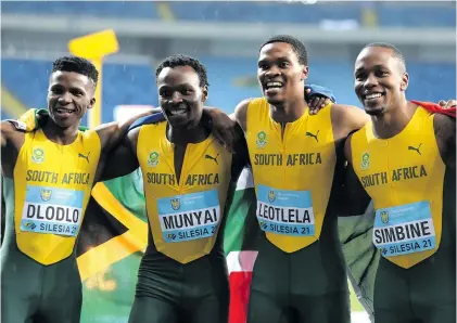  ?? ?? Members of the South African relay team celebrate after competing in the men’s 4x100m relay final of the World Athletics Relays Championsh­ips at the Silesian Stadium in Chorzow, southern Poland, in May 2021. Below: South Africa’s Shaun Maswangany­i after running in the semifinal of the men’s 100m at the Tokyo 2020 Olympic Games. Photos: Roger Sedres/Gallo Images and Andrzej Grygiel/EPA-EFE