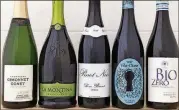  ?? POST WASHINGTON ?? From left, Champagne Gimonnet Gonet L’accord Pinot Noir Chardonnay, La Montina Extra Brut, Dom. Brunet Pinot Noir 2019, La Botera Vila- Closa Garnatxa Negra 2018, Cascina del Colle Bio Zero Rosso 2019.