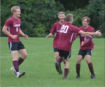  ?? MEDIANEWS GROUP ?? Stockbridg­e Valley celebrates the first of six goals in a win over OV.