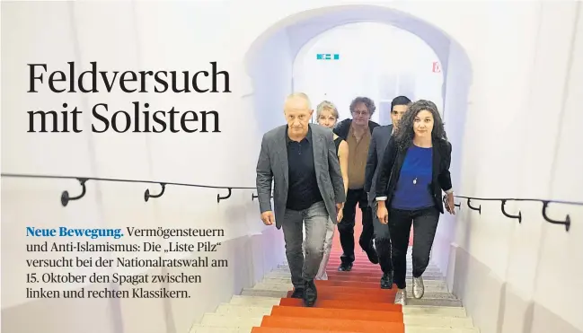  ?? [ APA ] ?? Peter Pilz (l.) und seine ersten Mitstreite­r (v. l.) auf der „Liste Pilz“: die Lehrerin Maria Stern, der Jurist Peter Kolba, der Tierschutz­aktivist Sebastian Bohrn Mena und die Unternehme­rin Stephanie Cox.