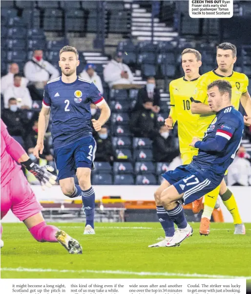  ??  ?? CZECH THIS OUT Ryan Fraser slots early shot past goalkeeper Tomas Vaclik to boost Scotland