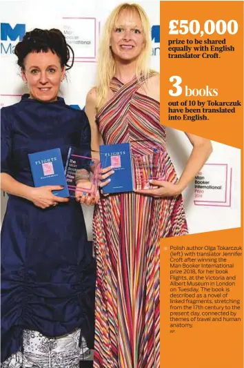  ?? AP ?? ■ Polish author Olga Tokarczuk (left) with translator Jennifer Croft after winning the Man Booker Internatio­nal prize 2018, for her book Flights, at the Victoria and Albert Museum in London on Tuesday. The book is described as a novel of linked...