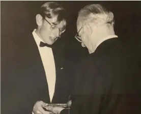  ??  ?? On the presentati­on of prizes night of the First Middle Sea Race, Alan Green felt honoured to be the only person to receive from Sir Francis Chichester’s hands a special silver salver from the RMYC in appreciati­on for his work.