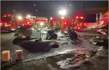  ?? CONTRA COSTA COUNTY FIRE PROTECTION DISTRICT VIA AP ?? In this photo released by Contra Costa County Fire Protection District, firefighte­rs work the scene of a fatal accident involving a Tesla and Contra Costa County fire truck early Saturday morning, Feb. 18, 2023, in Contra Costa, Calif.