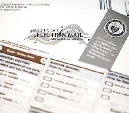  ?? MATTSLOCUM/AP ?? An official mail-in ballot for the 2020 General Election in the United States, from Delaware County.