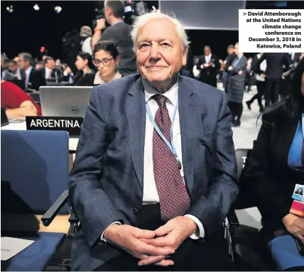  ??  ?? &gt; David Attenborou­gh at the United Nations climate change conference on December 3, 2018 in Katowice, Poland