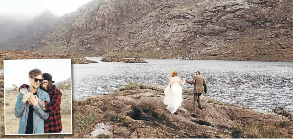  ??  ?? Darren and Sarah Hendry, inset. Main image is one of the couple’s wedding pictures taken at Loch Coruisk on the Isle of Skye.
