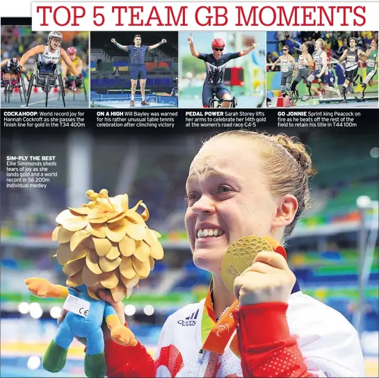  ??  ?? COCKAHOOP: World record joy for Hannah Cockroft as she passes the finish line for gold in the T34 400m SIM-PLY THE BEST Ellie Simmonds sheds tears of joy as she lands gold and a world record in S6 200m individual medley ON A HIGH Will Bayley was warned...