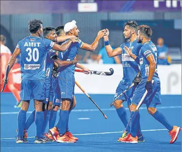  ?? FIH ?? Vivek Prasad, Gurjant Singh and Akashdeep Singh scored in the shootout in India’s win at Bhubaneswa­r on Sunday.