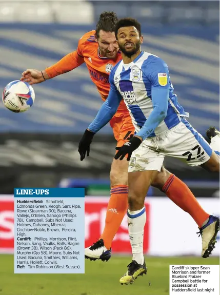  ??  ?? Cardiff skipper Sean Morrison and former Bluebird Fraizer Campbell battle for possession at Huddersfie­ld last night