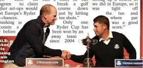  ??  ?? RIVALS: Stricker greets opposing captain Harrington